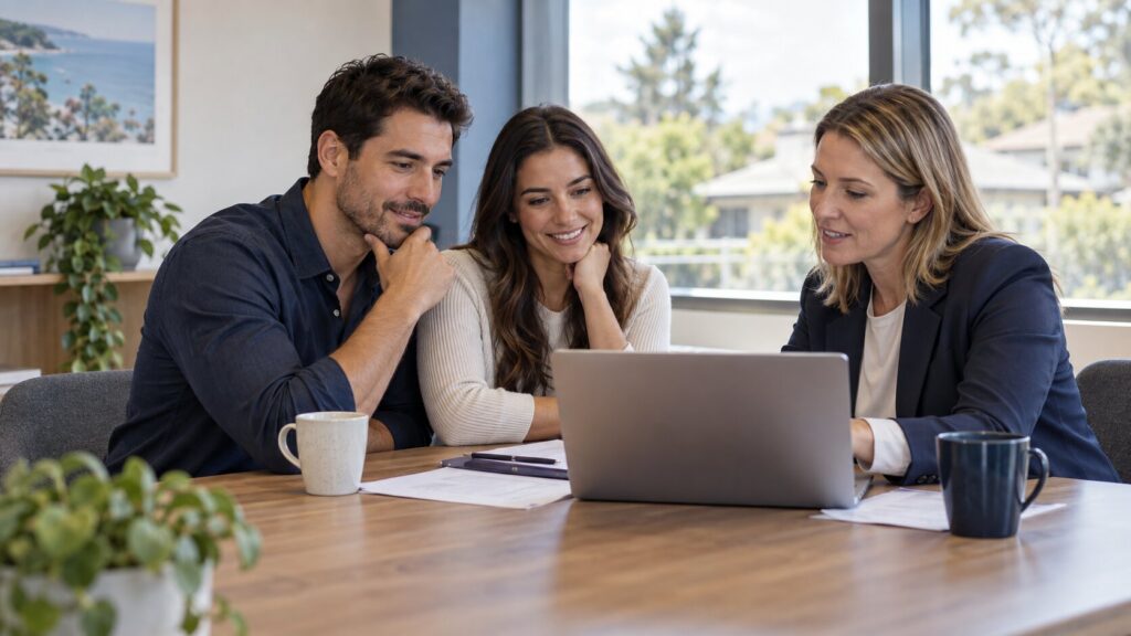 Professional couple reviewing home loan deposit and LMI waiver options with a mortgage broker