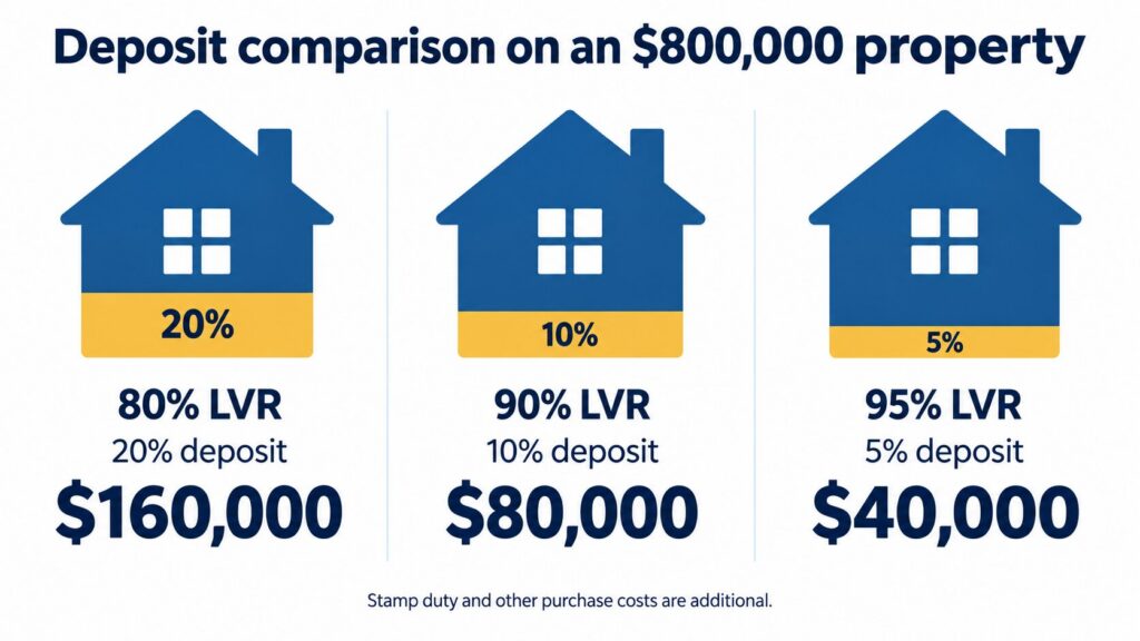 Comparison of deposit needed at 80% LVR versus 90% and 95% LVR under an ANZ LMI waiver