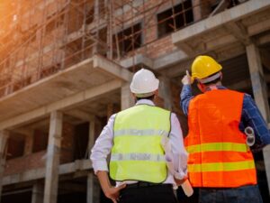 Back view photo of two men in hard hats and high visibility vests monitoring the progress of a construction development project