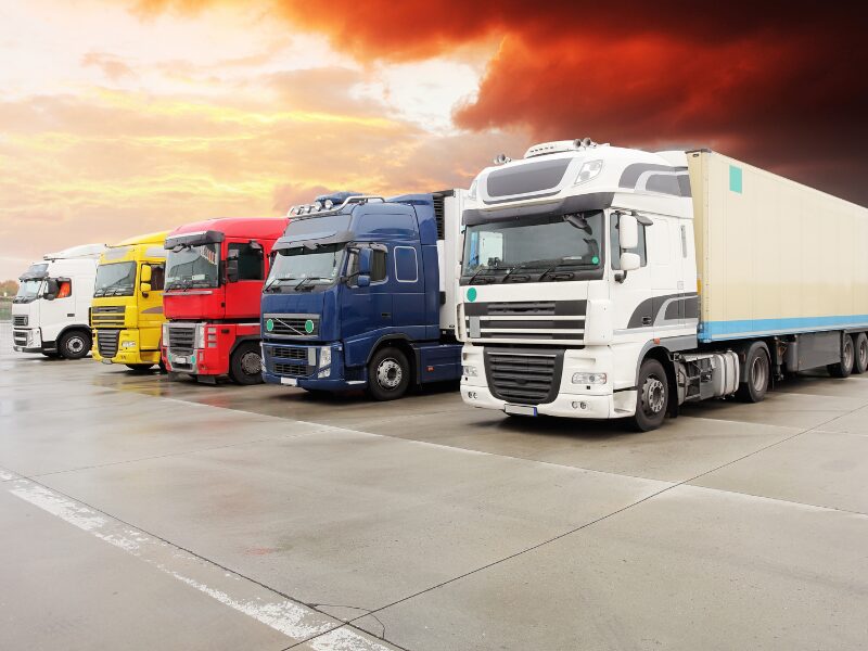 A row of different coloured transport trucks parked next to each other, the sky in the background a dark orange