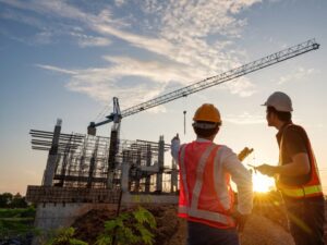 Two civil construction workers in protective gear point at and discuss an ongoing construction project, the light from the sunrise shining between them