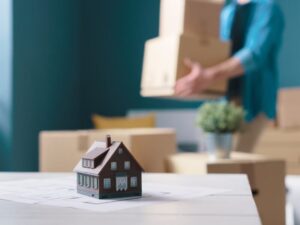 A brown miniature model house on top of documents, a self-employed borrower in the background moving boxes