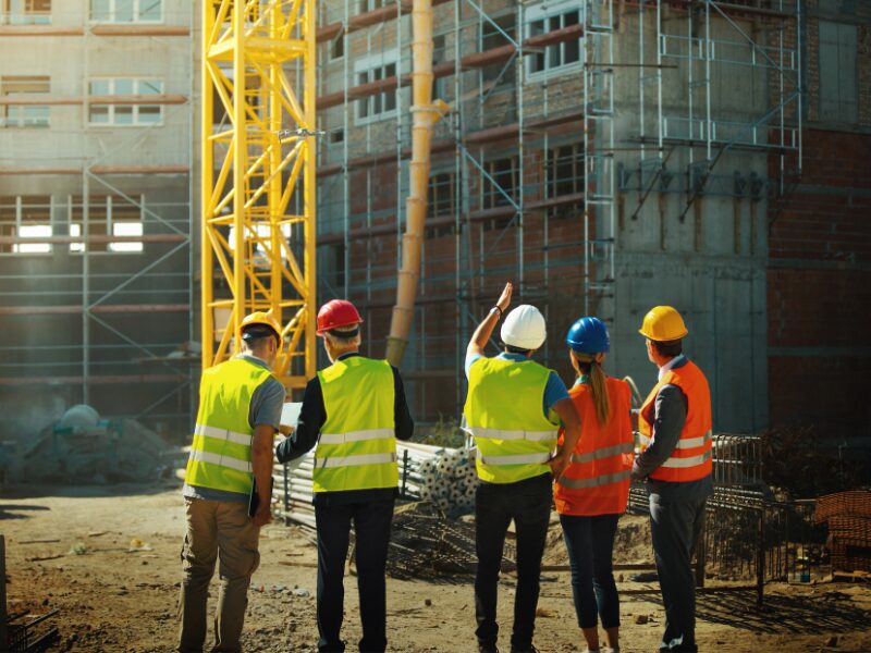 Five commercial property developers or workers survey an ongoing construction project