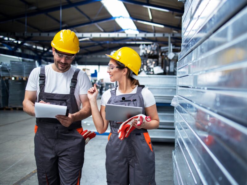 Two workers in a manufacturing company wearing safety gear having a cheerful discussion