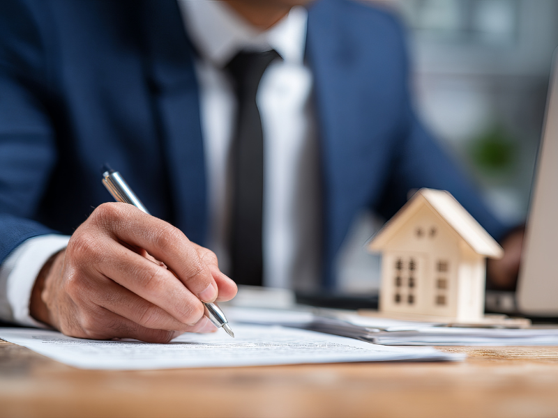 Cropped photo of a man in a suit filling up a loan application, miniature house in the background, a trustee applying for a low doc trust home loan