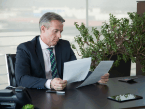 A business owner compares two documents, comparing interest rates between full doc and low doc home loans in Australia