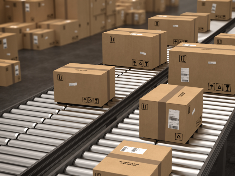 Boxes on a conveyor roller, wholesale boxes ready for sorting or shipping