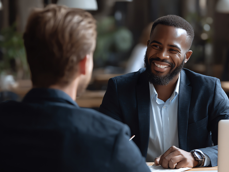 A borrower happily discussing loans with a private lender