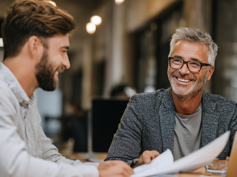 A mortgage broker happily explaining financing options to a business owner