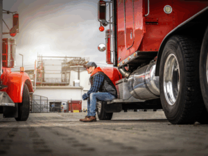 A transport truck driver sits on the steps of his large red freight truck