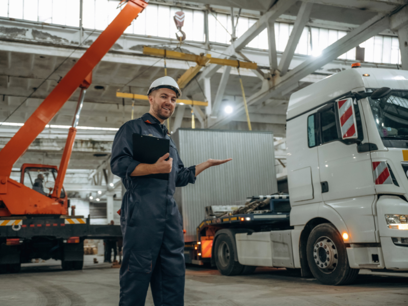 A transport employee smiles and points to a large truck being loaded at a warehouse