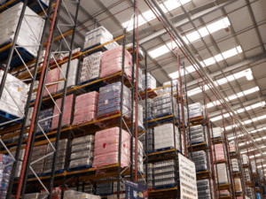 Rows of tall supply shelves inside a brightly lit supplier’s warehouse