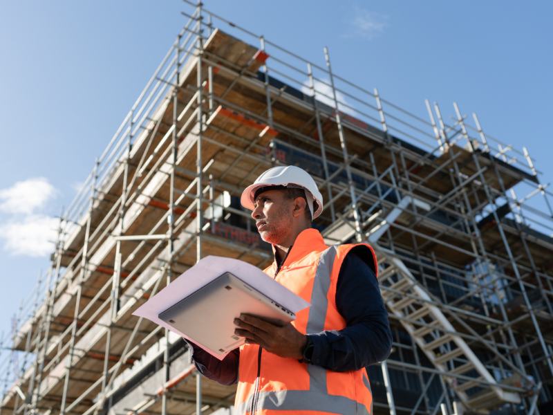 A civil engineer holding plans and his laptop examines an ongoing build