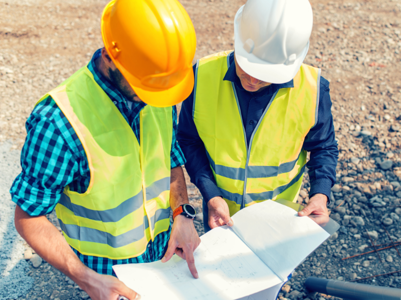 Two subcontractors going over building plans