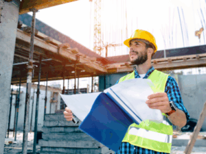 A contractor holding building plans looks up at the ongoing construction and smiles