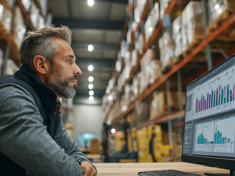A worker for a supplier company reviews sales on his computer.