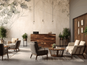 Interior design of a chic reception area for a hospitality or wellness establishment, dark wood and earthy colours and plants