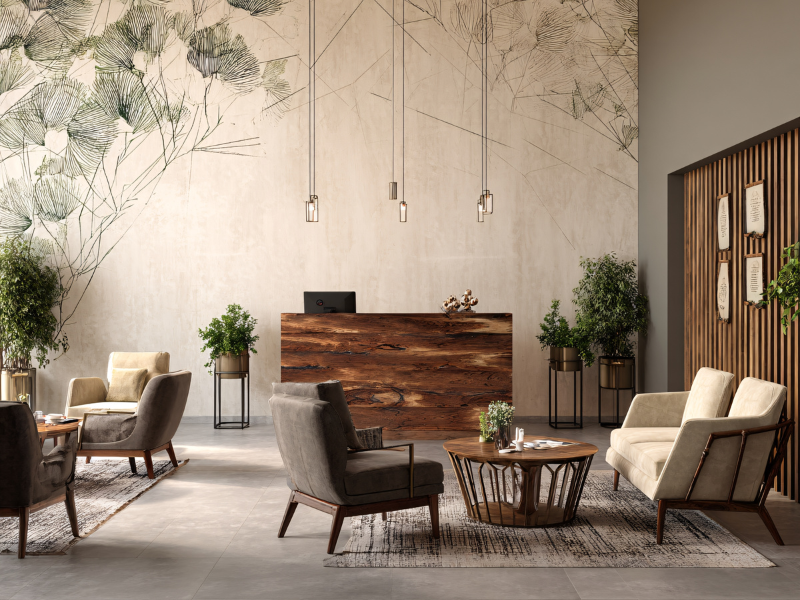 Interior design of a chic reception area for a hospitality or wellness establishment, dark wood and earthy colours and plants