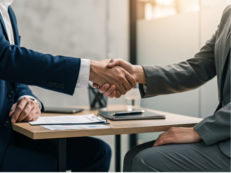 Cropped photo of two men in suits shaking hands during a meeting, business owner and mortgage broker agree on a tax debt loan in 2026