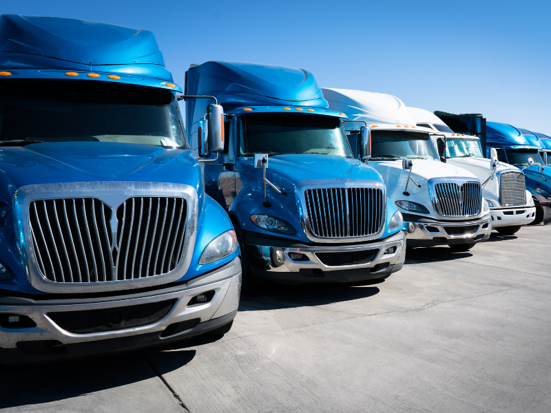 A fleet of blue and white transport trucks parked at a lot
