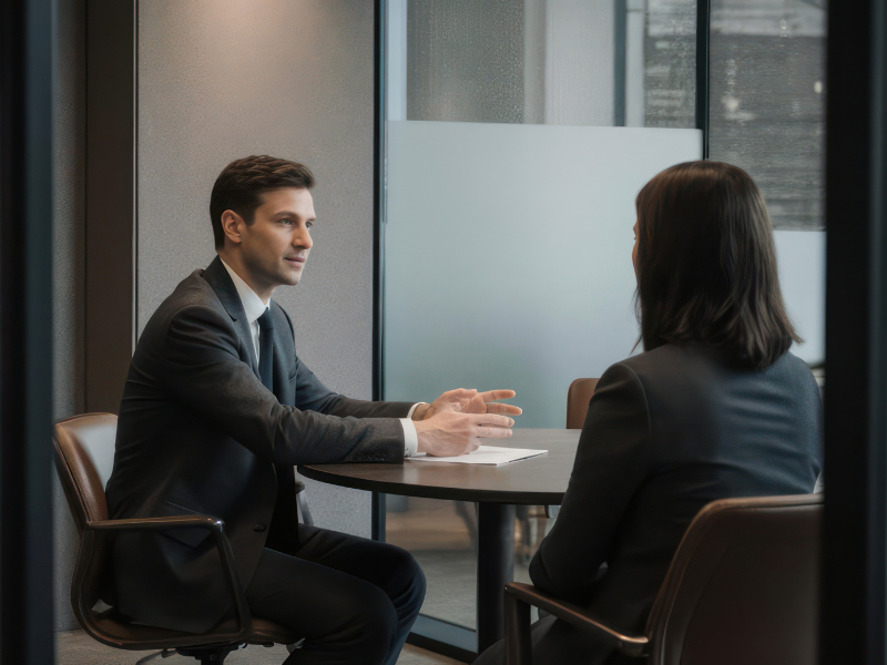 A mortgage broker in a meeting with a client, discussing tax debt loan options for large tax debt
