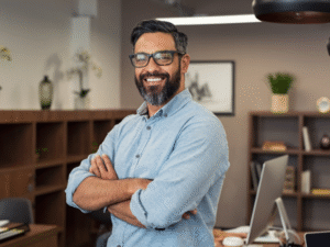 A man smiling at the camera with his arms crossed, a business owner happy about a business line of credit solution
