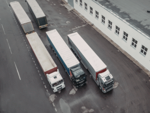 Top view of several trailer trucks