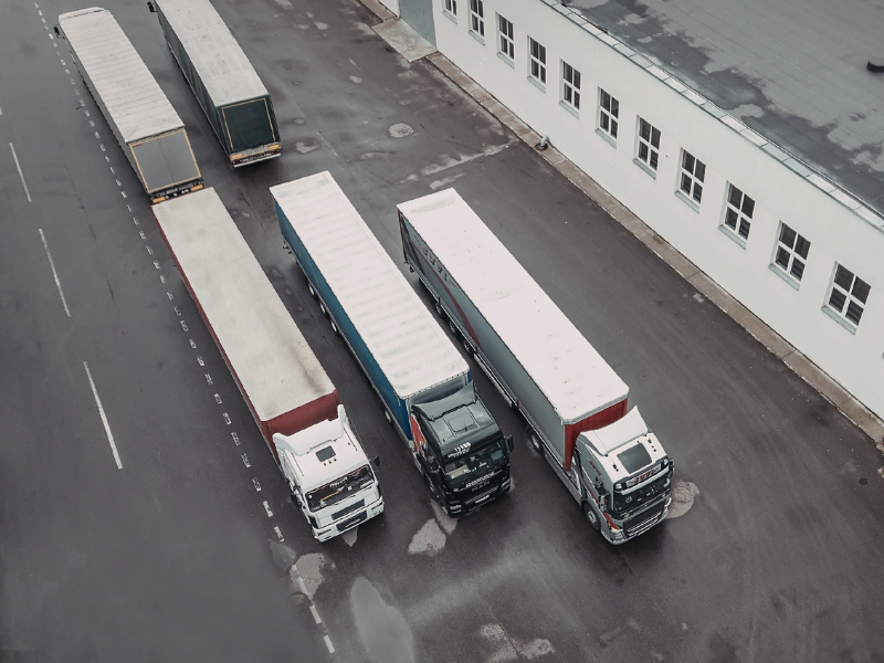 Top view of several trailer trucks