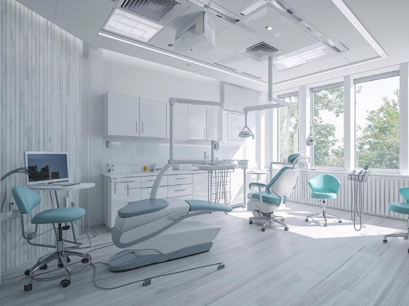 A sleek white medical practice with light blue seats and equipment