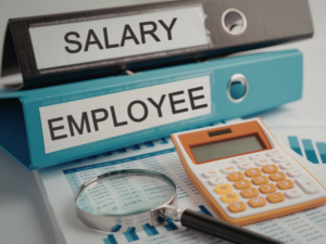 Two large file folders with labels “Salary” and “Employee” Payroll records, a magnifying glass, and a calculator