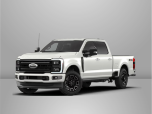 A white Ford Super Duty in front of a gray backdrop