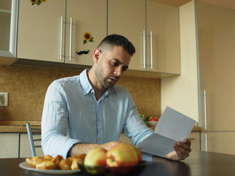 A man sitting at his kitchen table worriedly reading a garnishee notice sent by the ATO