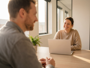 A mortgage broker with a laptop meets with a business owner to talk about debt consolidation