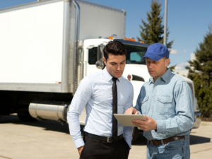 A mortgage broker talks to a trucking business owner about tax debt loan options to replace a cancelled payment plan