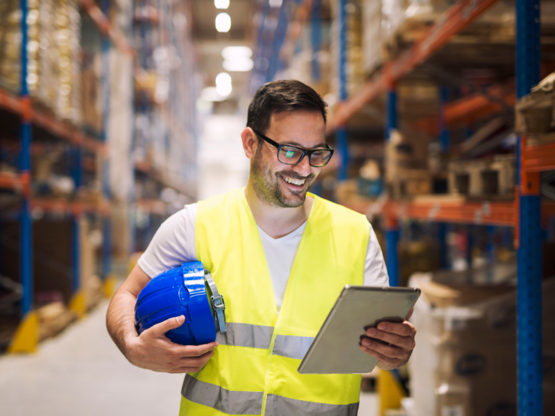 A business owner smiling at his tablet, looking at his business forecast to deal with seasonal cash flow