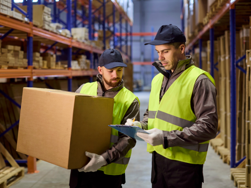 Two warehouse workers read through a checklist on a clipboard, one of them holding a large box