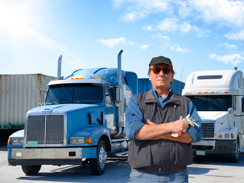 A trucking business owner poses in front of two freight trucks