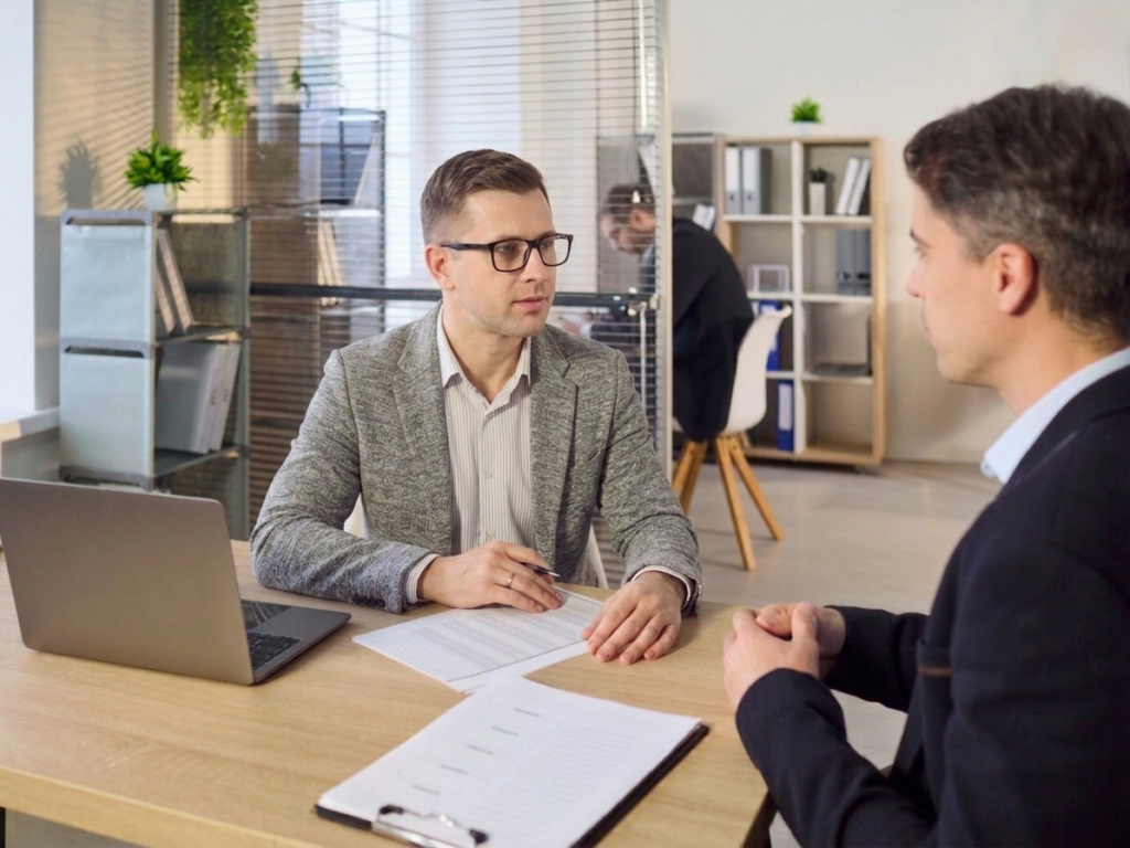 A finance broker happily meets with a business owner to discuss tax debt loans
