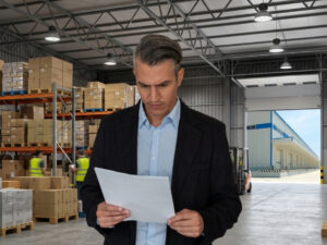 Business owner reviewing loan documents inside commercial property, man inside warehouse.