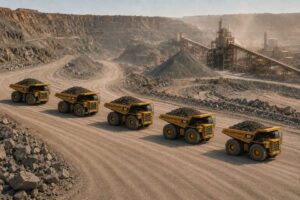Five yellow CAT 777 mining haul trucks carrying ore travel in formation along a dusty road at a vast open-pit mining facility