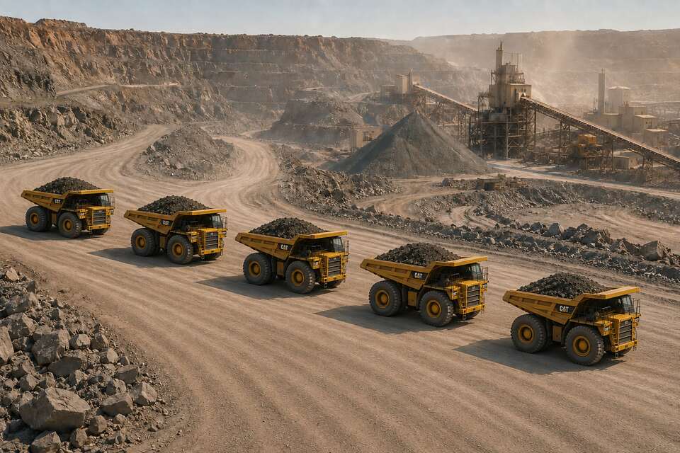 Five yellow CAT 777 mining haul trucks carrying ore travel in formation along a dusty road at a vast open-pit mining facility
