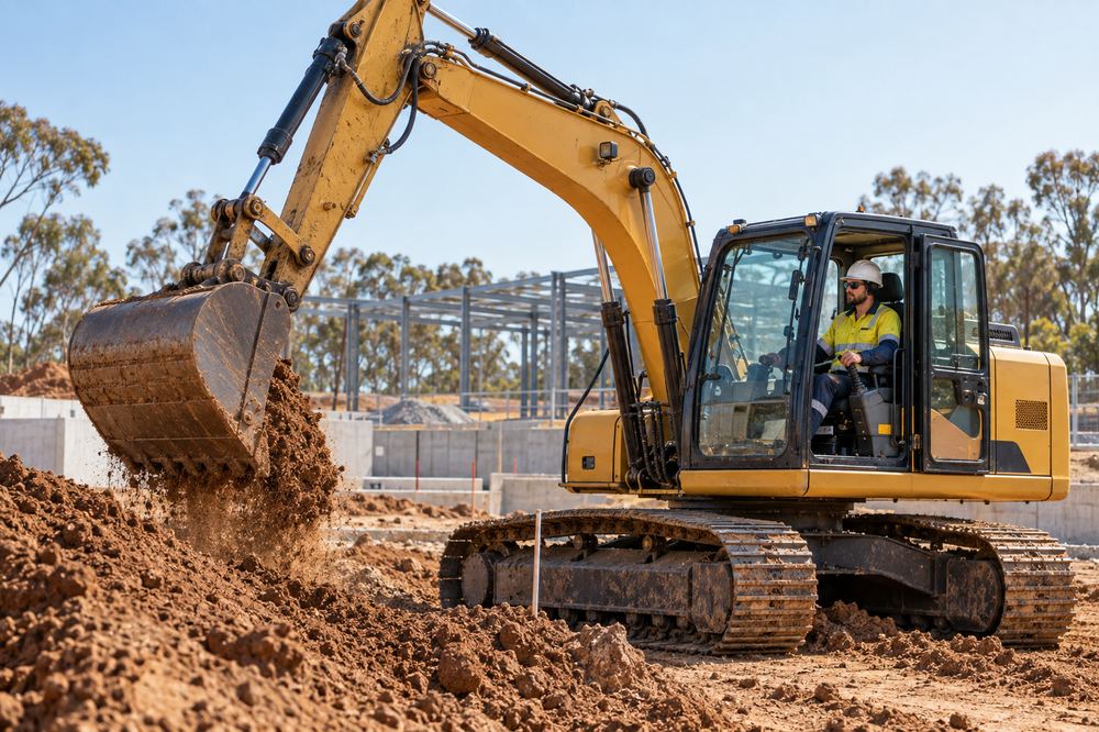 Tradesperson operating an excavator on an Australian construction site, purchased with equipment finance