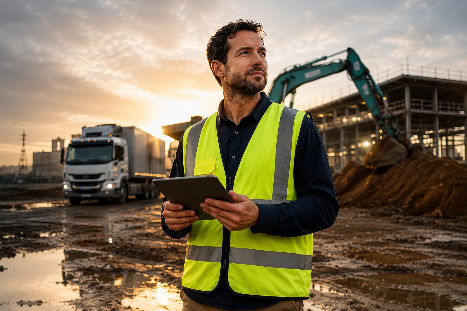 Australian construction and transport business owner reviewing site details on a tablet to check working capital loan eligibility