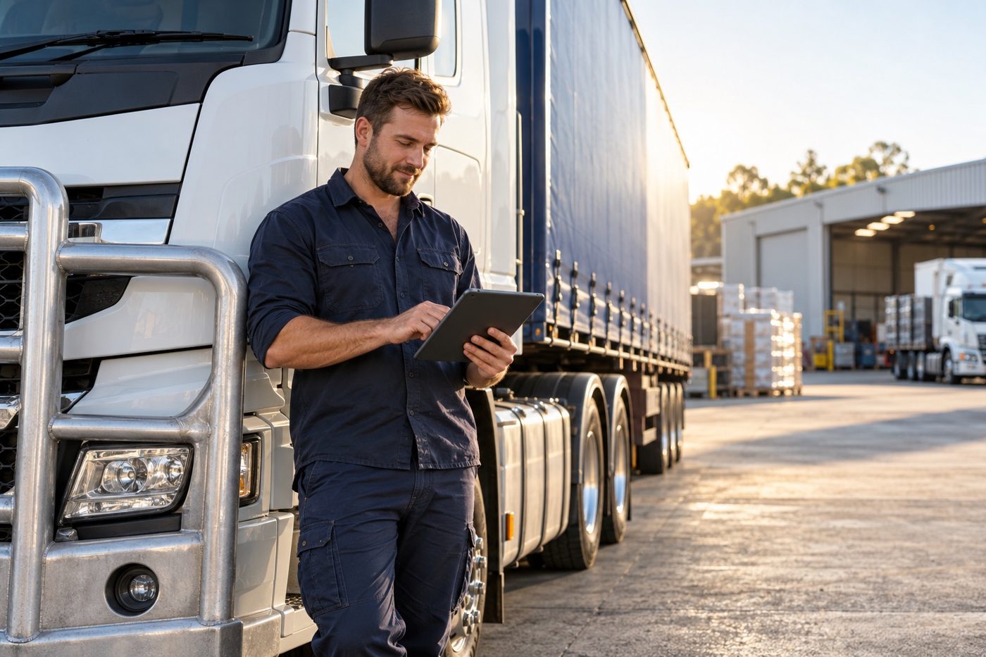 Transport business owner leaning on his prime mover in the depot yard, checking invoices on a tablet, using cash flow finance to cover payroll and fuel while waiting on 30-day end-of-month terms