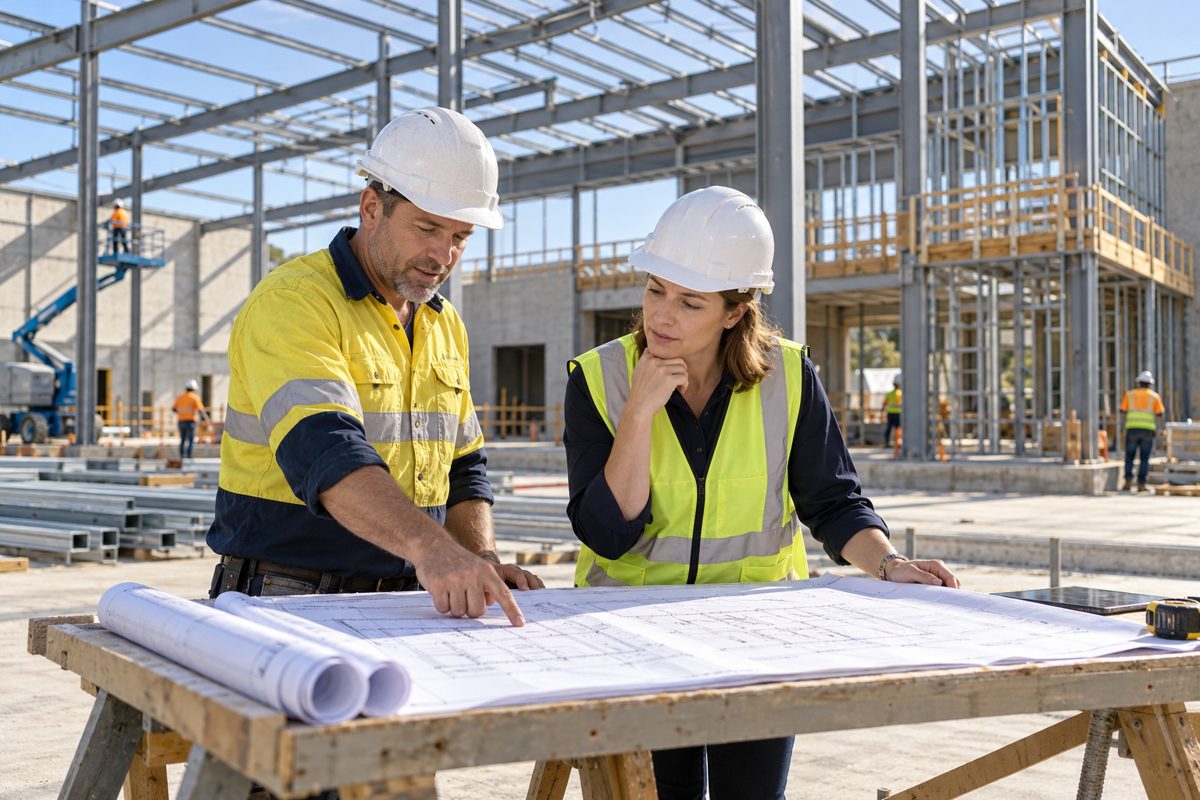 Builder and client reviewing plans on a commercial site funded with construction finance