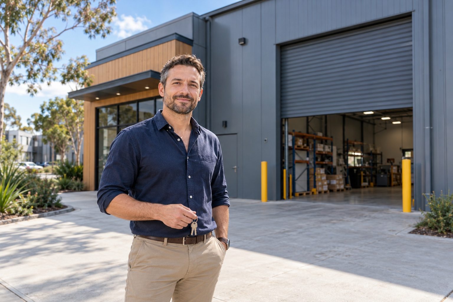 Business owner holding the keys outside his warehouse premises, bought with a commercial property loan